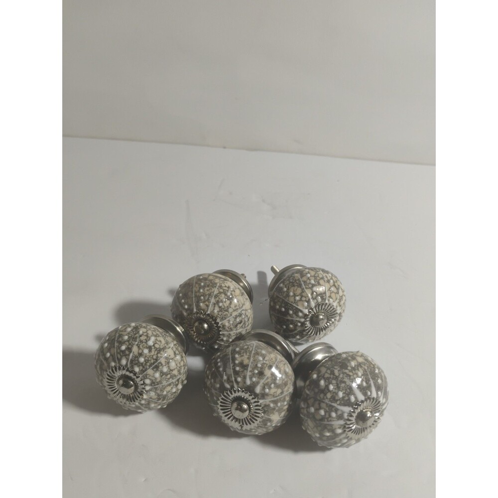 Lot of 5 Sea Urchin Ceramic Drawer Knob Pulls Gray White Beige Silver 1.5"